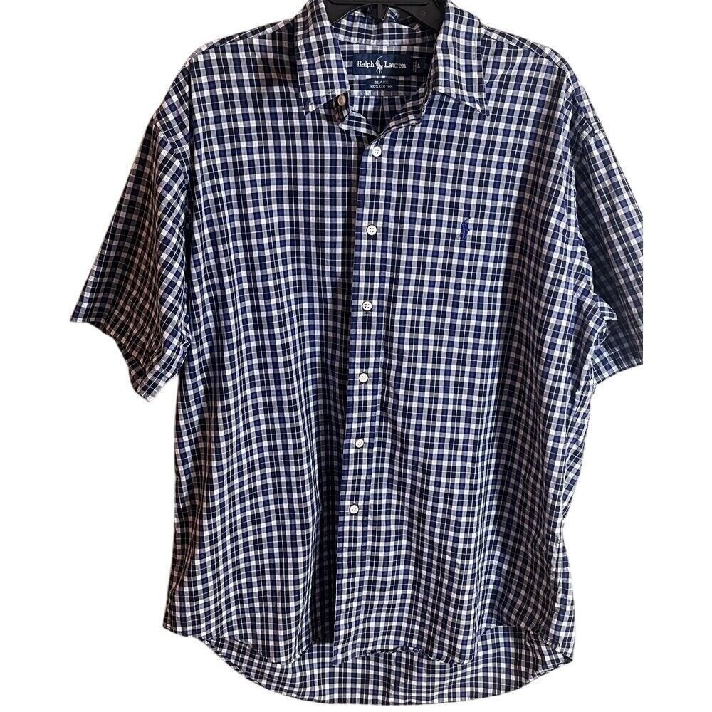 Ralph Lauren Blue Check Short Sleeve Shirt Button Down Collar Large Men's